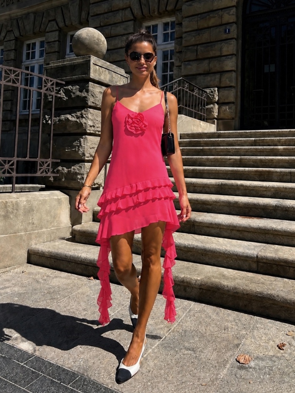 NWT Gianni Bini Belle Rosette Sweetheart Neck Sleeveless Ruffle Chiffon Dress
